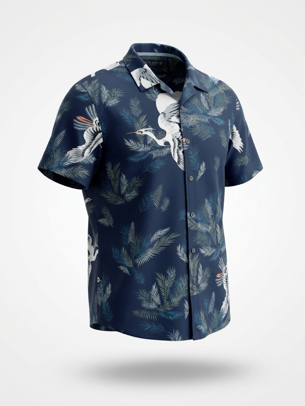 Free Planet Navy Blue Short-Sleeve Hawaiian Shirt with White Crane Print